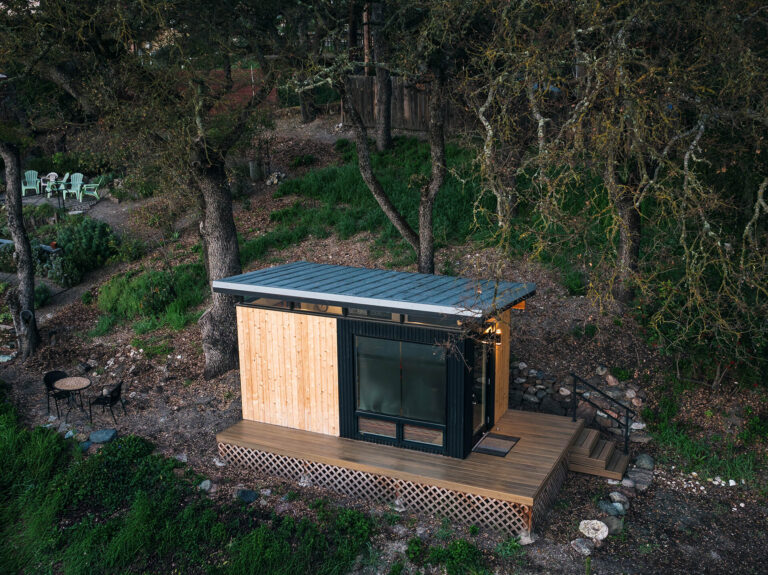 Contemporary shed cabin with wood siding in natural setting