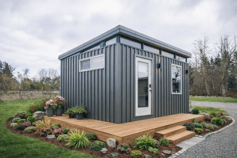 Compact black garden office shed with minimalist design